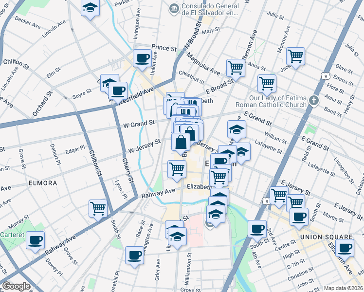 map of restaurants, bars, coffee shops, grocery stores, and more near in Elizabeth