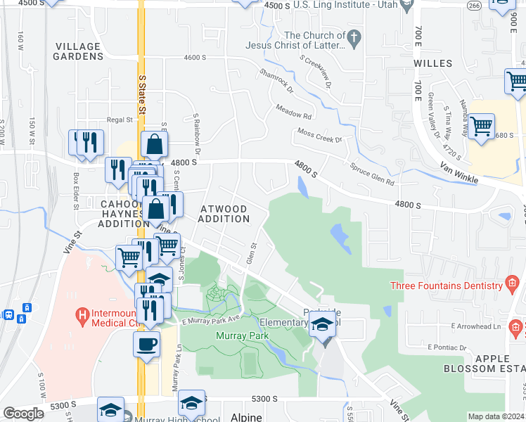 map of restaurants, bars, coffee shops, grocery stores, and more near 4856 South Glenn Street in Murray
