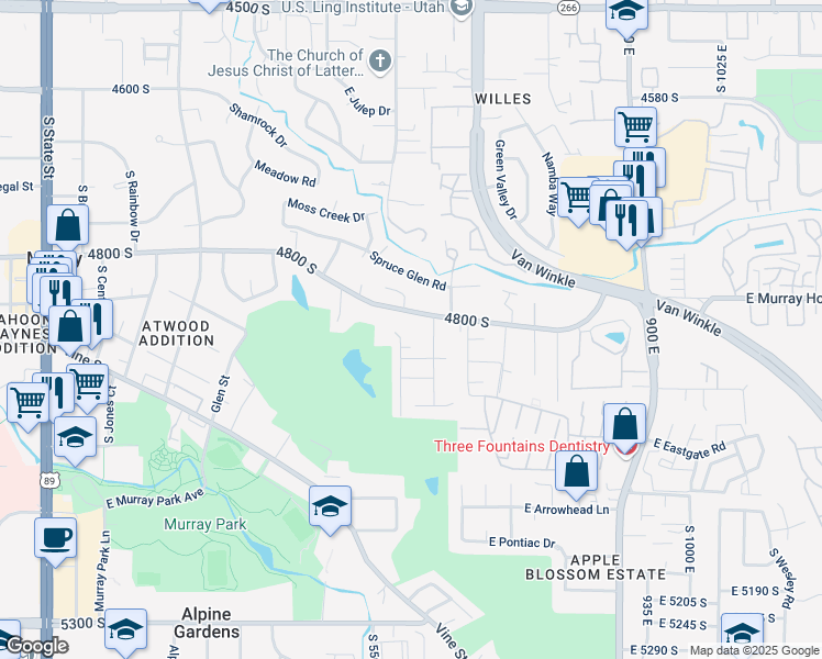 map of restaurants, bars, coffee shops, grocery stores, and more near 606 East 4800 South in Murray