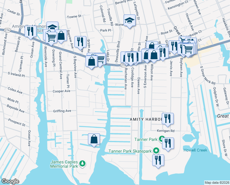 map of restaurants, bars, coffee shops, grocery stores, and more near 33 Cape Road in Copiague
