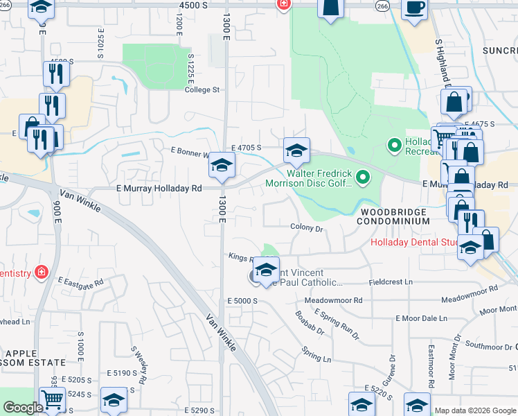 map of restaurants, bars, coffee shops, grocery stores, and more near 1365 East Foxmont Lane in Holladay