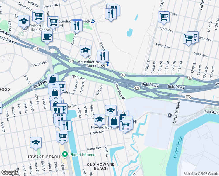 map of restaurants, bars, coffee shops, grocery stores, and more near 155-05 101st Street in Queens