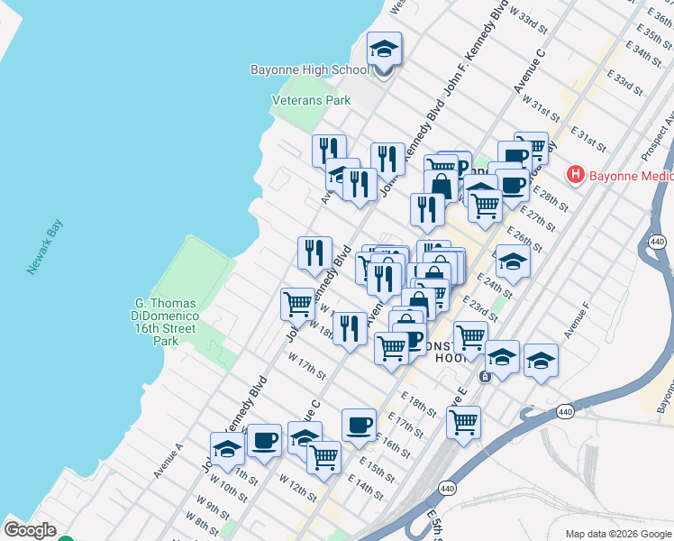 map of restaurants, bars, coffee shops, grocery stores, and more near West 21st Street in Bayonne