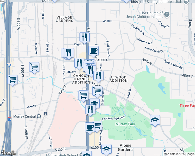 map of restaurants, bars, coffee shops, grocery stores, and more near 4916 South Center Street in Murray