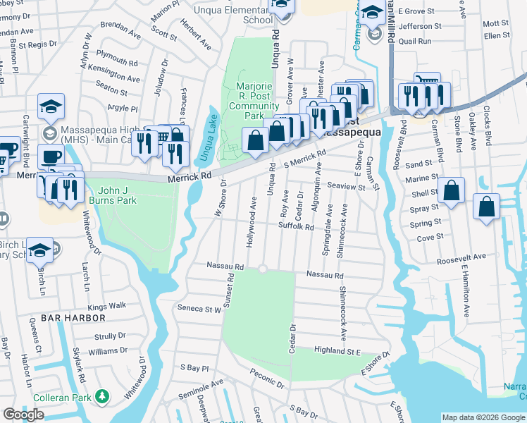 map of restaurants, bars, coffee shops, grocery stores, and more near 75 Unqua Road in Massapequa