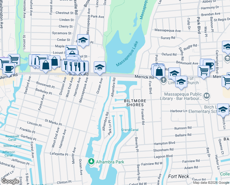 map of restaurants, bars, coffee shops, grocery stores, and more near 2 Adam Place in Massapequa