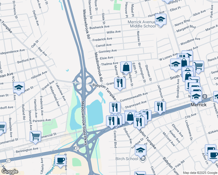 map of restaurants, bars, coffee shops, grocery stores, and more near 1720 Grand Avenue in Merrick