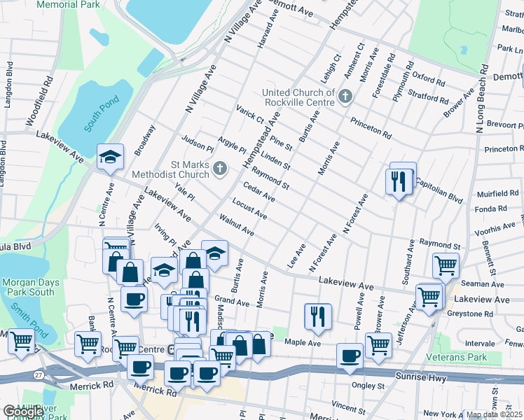 map of restaurants, bars, coffee shops, grocery stores, and more near 39 Locust Avenue in Rockville Centre