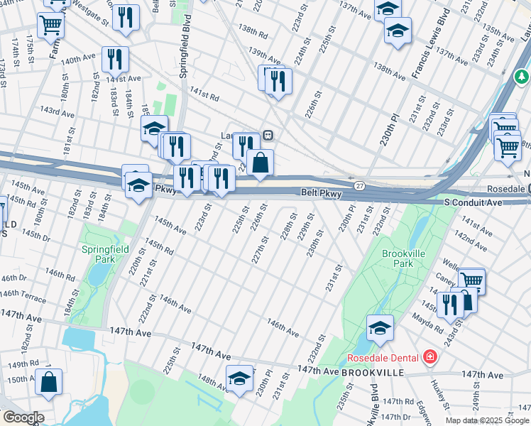map of restaurants, bars, coffee shops, grocery stores, and more near 143-62 226th Street in Queens