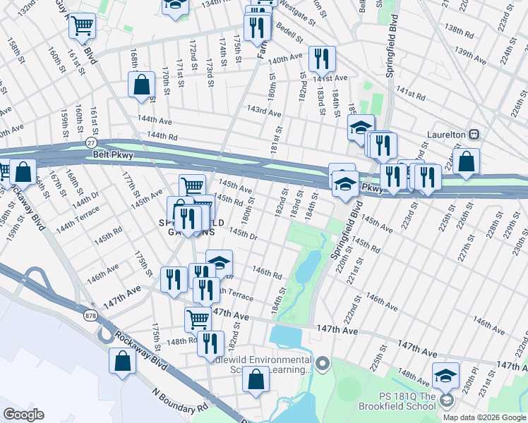 map of restaurants, bars, coffee shops, grocery stores, and more near 181-03 145th Road in Queens
