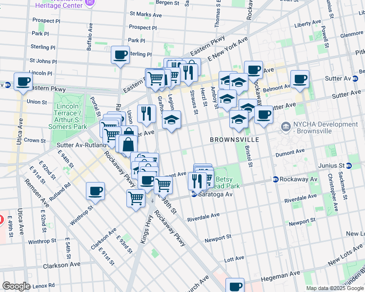 map of restaurants, bars, coffee shops, grocery stores, and more near 159 Legion Street in Brooklyn