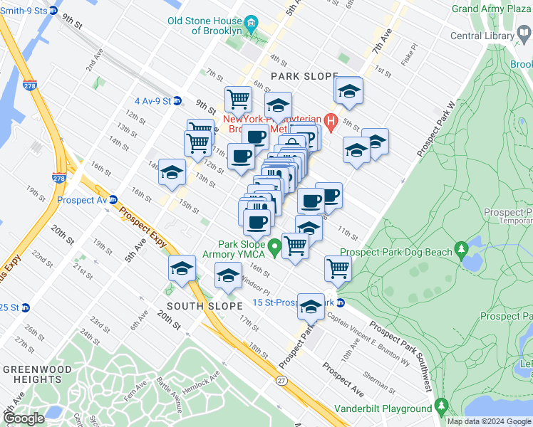 map of restaurants, bars, coffee shops, grocery stores, and more near 389 7th Avenue in Brooklyn