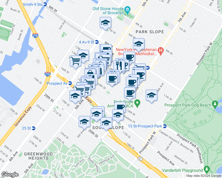 map of restaurants, bars, coffee shops, grocery stores, and more near 251 15th Street in Brooklyn