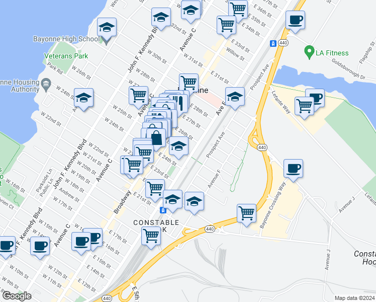 map of restaurants, bars, coffee shops, grocery stores, and more near 41 East 25th Street in Bayonne