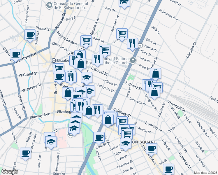 map of restaurants, bars, coffee shops, grocery stores, and more near 1018 William Street in Elizabeth