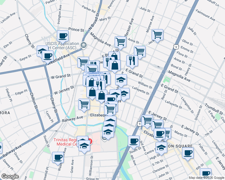 map of restaurants, bars, coffee shops, grocery stores, and more near 120 Madison Avenue in Elizabeth