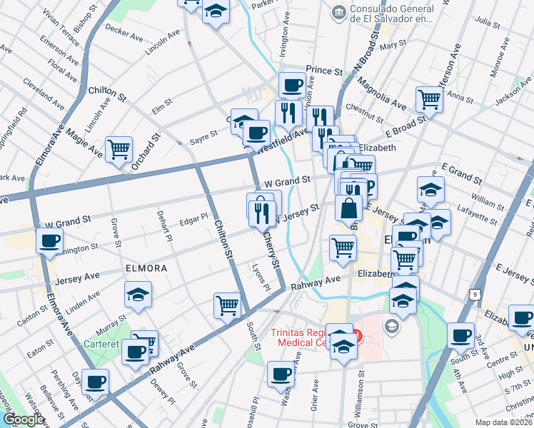 map of restaurants, bars, coffee shops, grocery stores, and more near 135 New Jersey 27 in Elizabeth