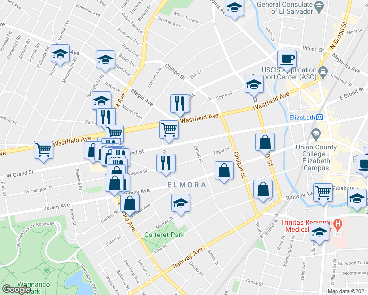 map of restaurants, bars, coffee shops, grocery stores, and more near 318 West Grand Street in Elizabeth