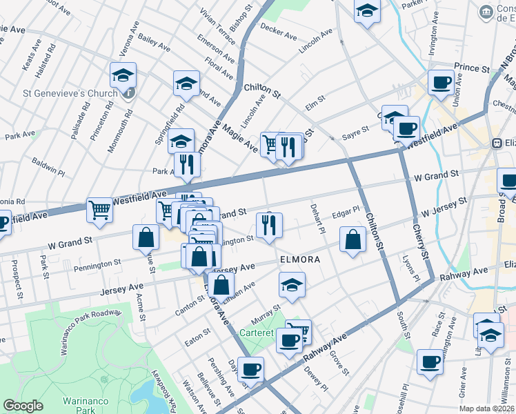 map of restaurants, bars, coffee shops, grocery stores, and more near 415 West Grand Street in Elizabeth