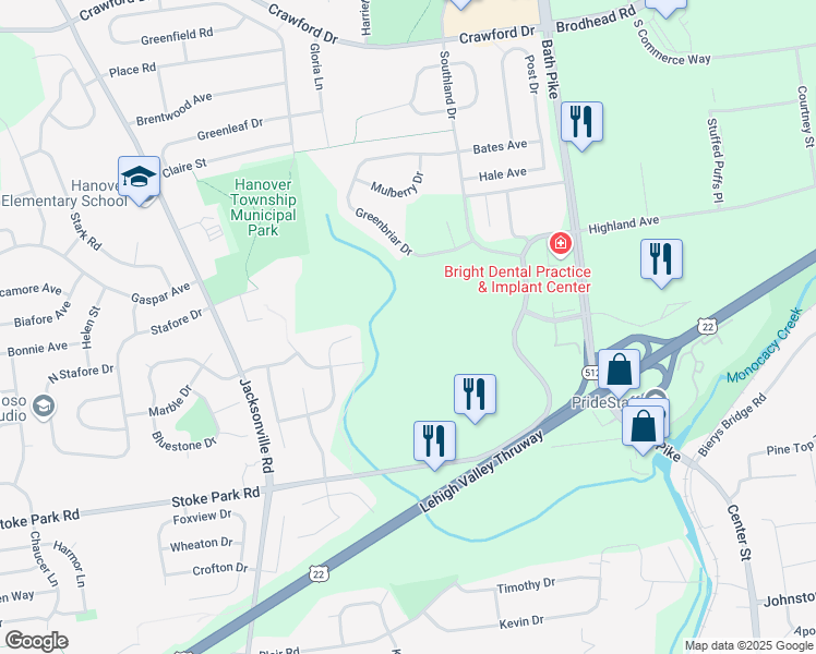 map of restaurants, bars, coffee shops, grocery stores, and more near 5300 Northgate Drive in Bethlehem