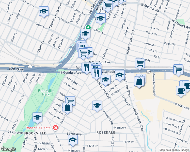 map of restaurants, bars, coffee shops, grocery stores, and more near 243-2 South Conduit Avenue in Queens
