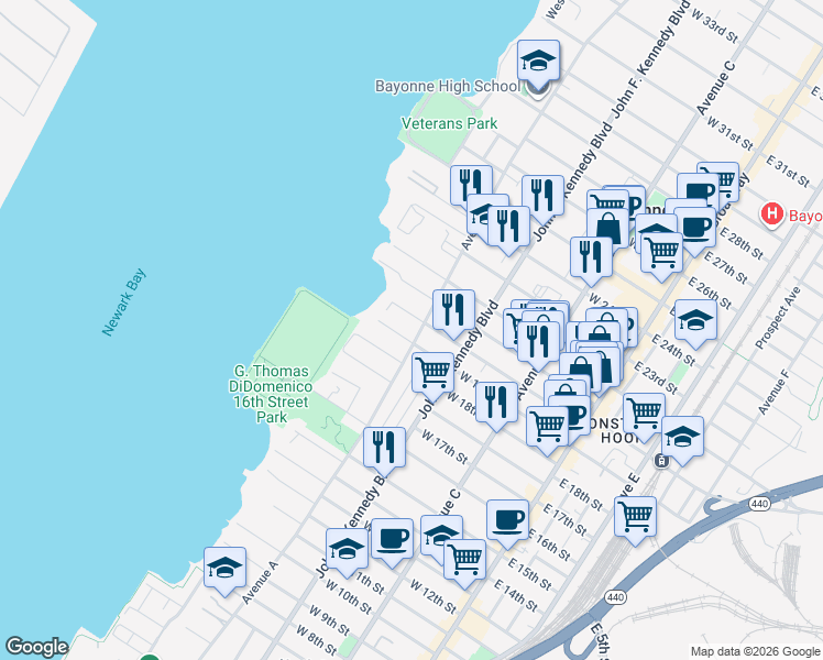 map of restaurants, bars, coffee shops, grocery stores, and more near 155 West 19th Street in Bayonne