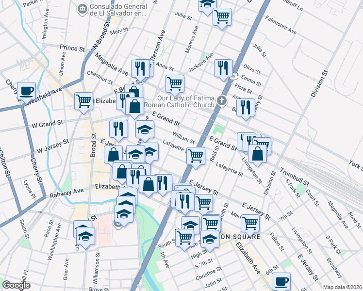 map of restaurants, bars, coffee shops, grocery stores, and more near 1018 William Street in Elizabeth