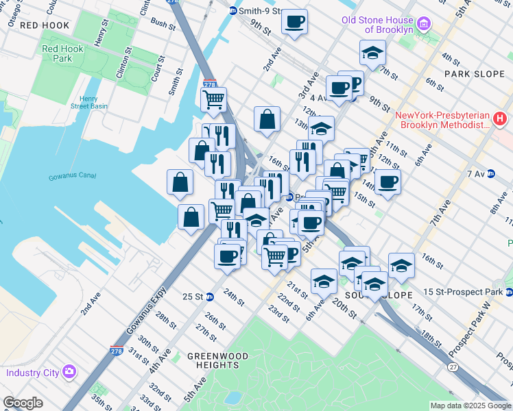 map of restaurants, bars, coffee shops, grocery stores, and more near 145 18th Street in Brooklyn
