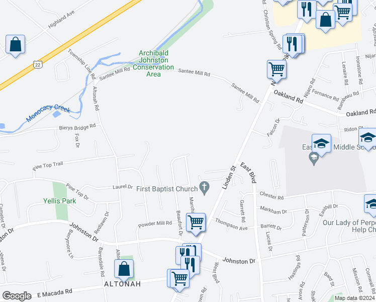 map of restaurants, bars, coffee shops, grocery stores, and more near 3395 Beaufort Drive in Bethlehem