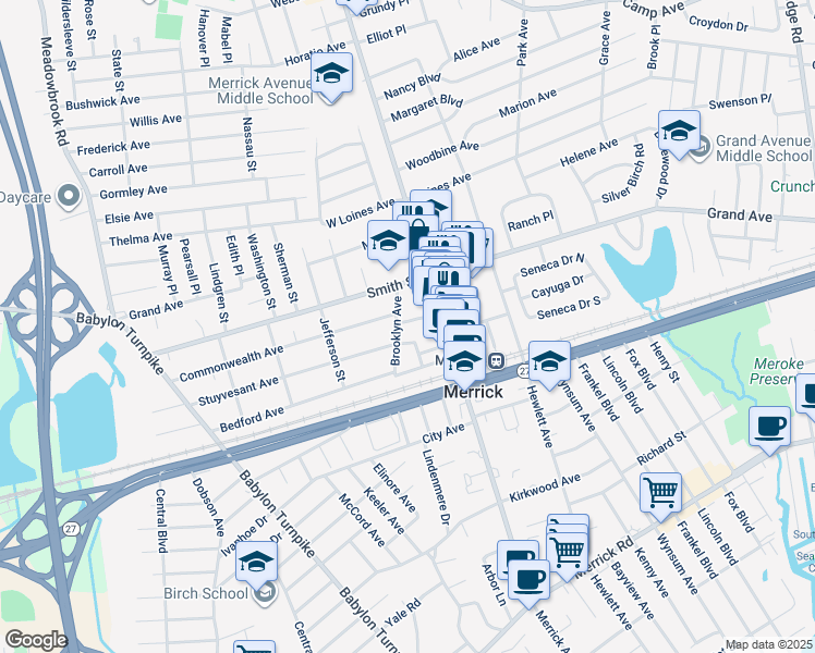 map of restaurants, bars, coffee shops, grocery stores, and more near 1986 Oakwood Avenue in Merrick