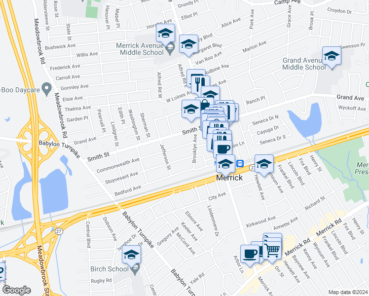map of restaurants, bars, coffee shops, grocery stores, and more near 1952 Commonwealth Avenue in Merrick