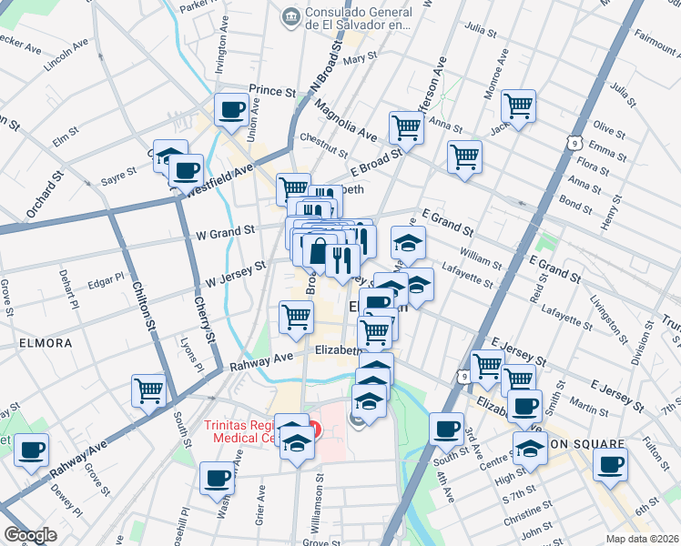 map of restaurants, bars, coffee shops, grocery stores, and more near 1162 East Jersey Street in Elizabeth