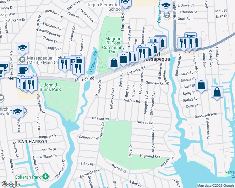 map of restaurants, bars, coffee shops, grocery stores, and more near 75 Unqua Road in Massapequa