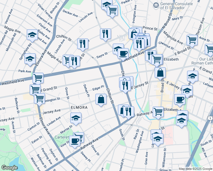 map of restaurants, bars, coffee shops, grocery stores, and more near 139 Chilton Street in Elizabeth