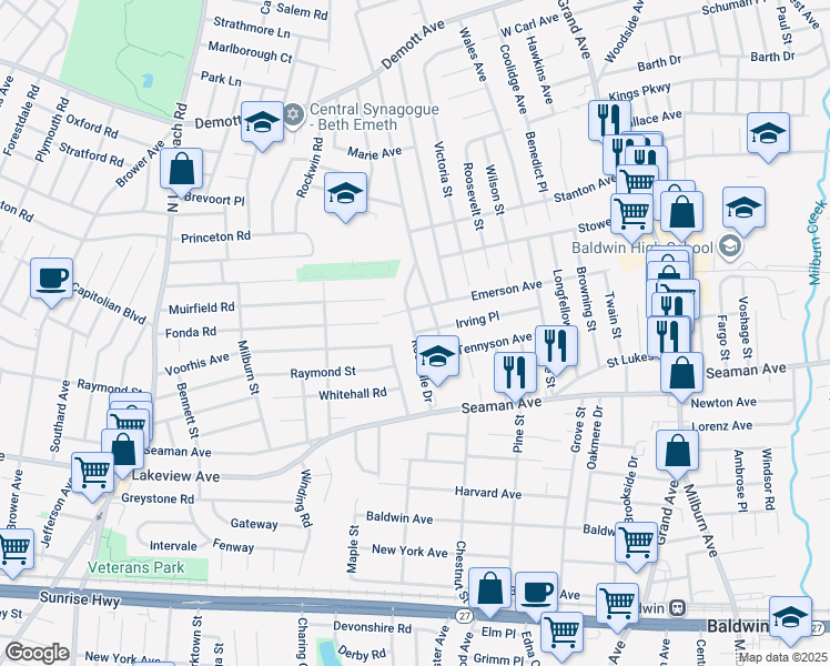 map of restaurants, bars, coffee shops, grocery stores, and more near 500 Irving Place in Baldwin