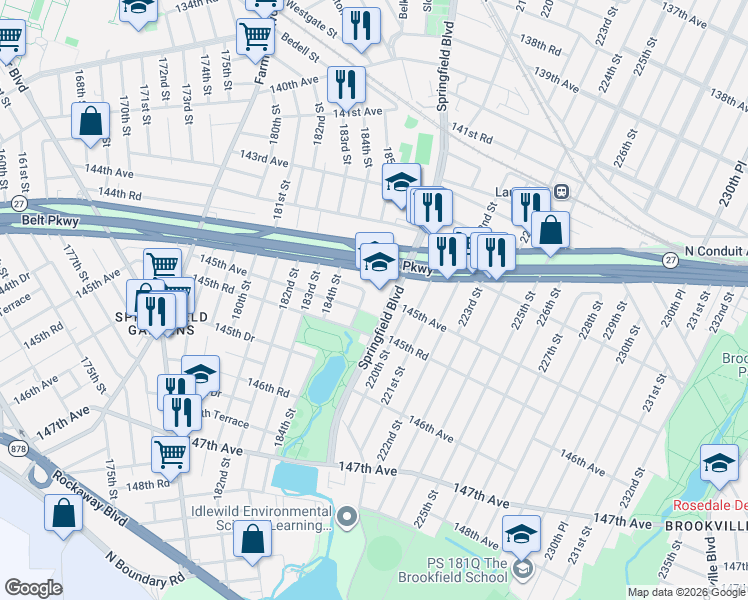 map of restaurants, bars, coffee shops, grocery stores, and more near 145-12 Springfield Boulevard in Queens