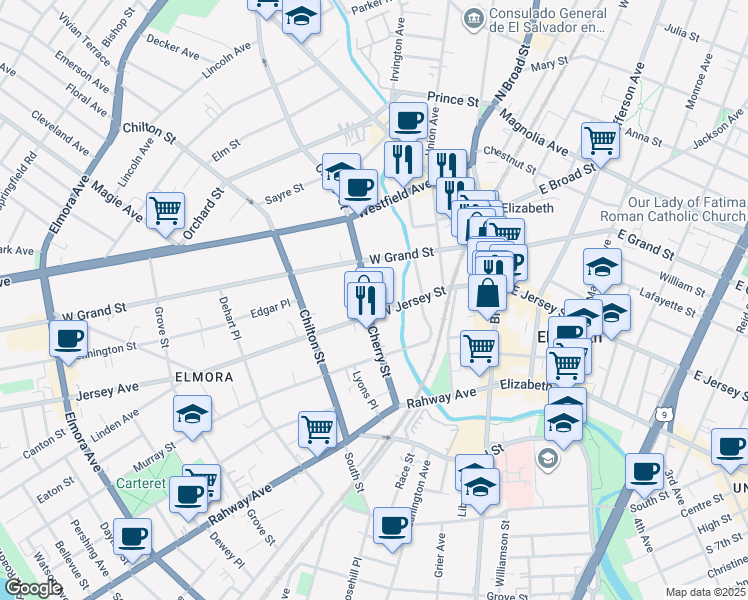 map of restaurants, bars, coffee shops, grocery stores, and more near 135 New Jersey 27 in Elizabeth