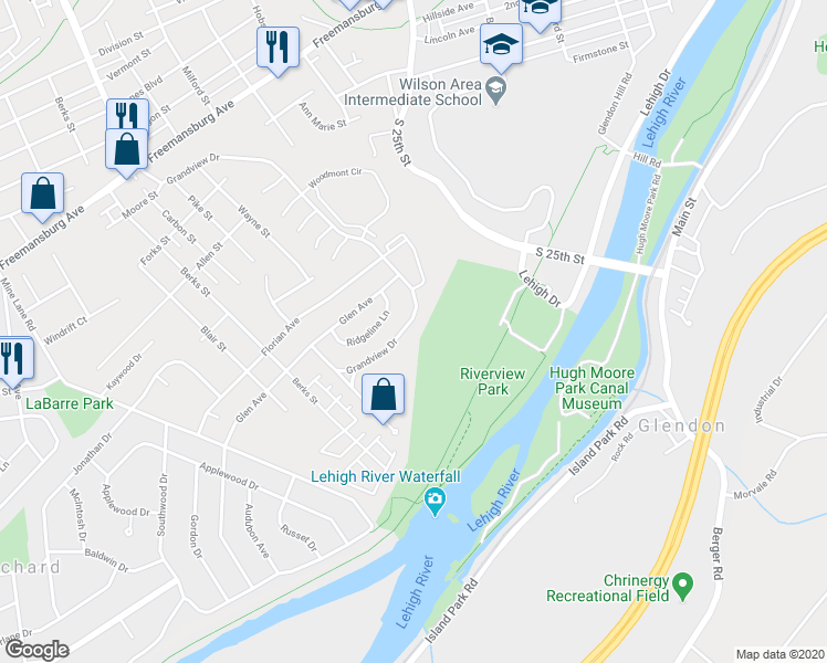 map of restaurants, bars, coffee shops, grocery stores, and more near 128 Grandview Drive in Easton
