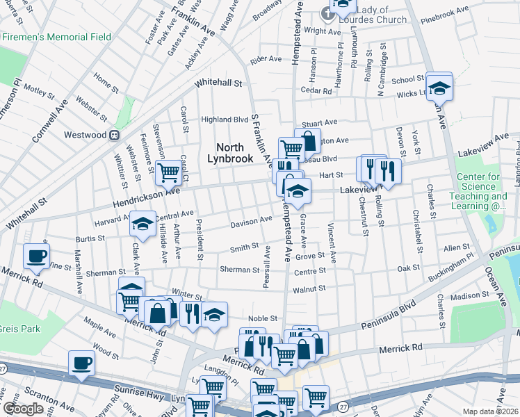 map of restaurants, bars, coffee shops, grocery stores, and more near 88 Central Avenue in Lynbrook