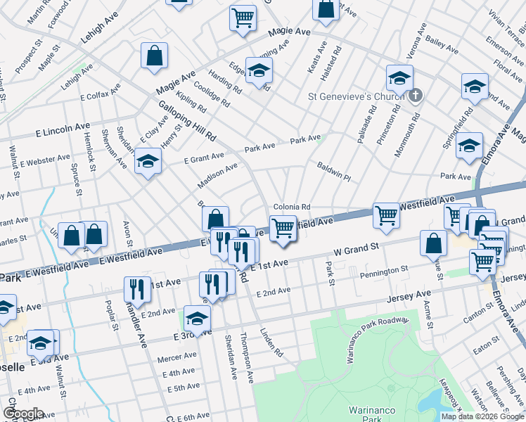 map of restaurants, bars, coffee shops, grocery stores, and more near 120 Galloping Hill Road in Roselle Park