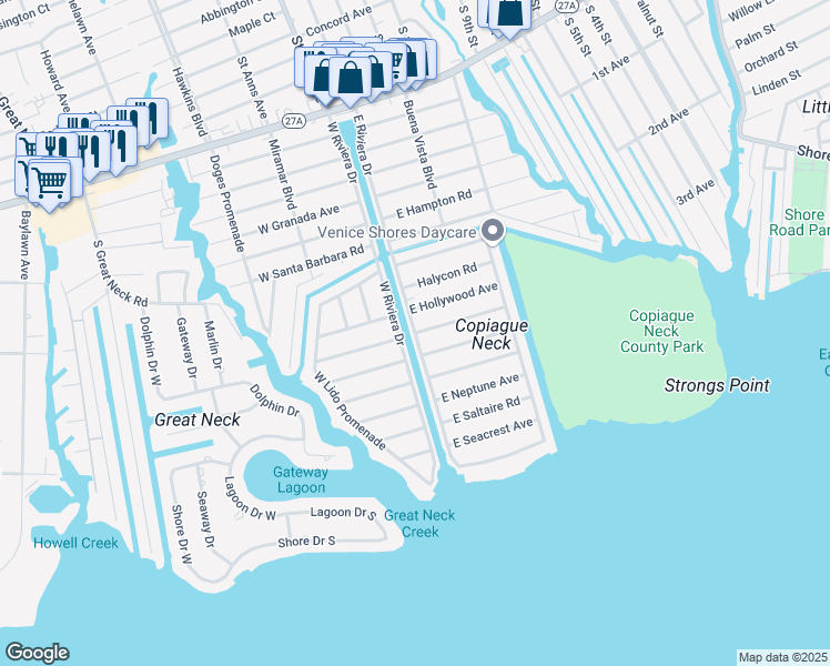 map of restaurants, bars, coffee shops, grocery stores, and more near East Riviera Drive & East Kissimee Road in Lindenhurst