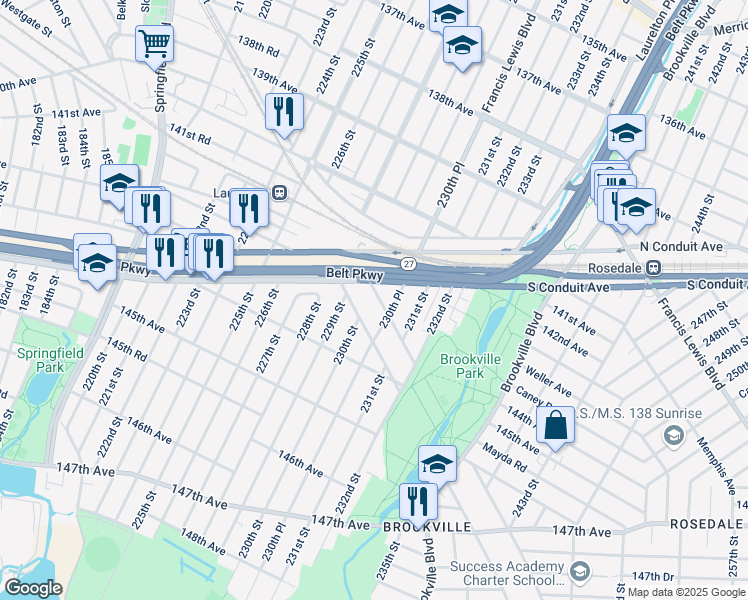 map of restaurants, bars, coffee shops, grocery stores, and more near 230-16 Lansing Avenue in Queens