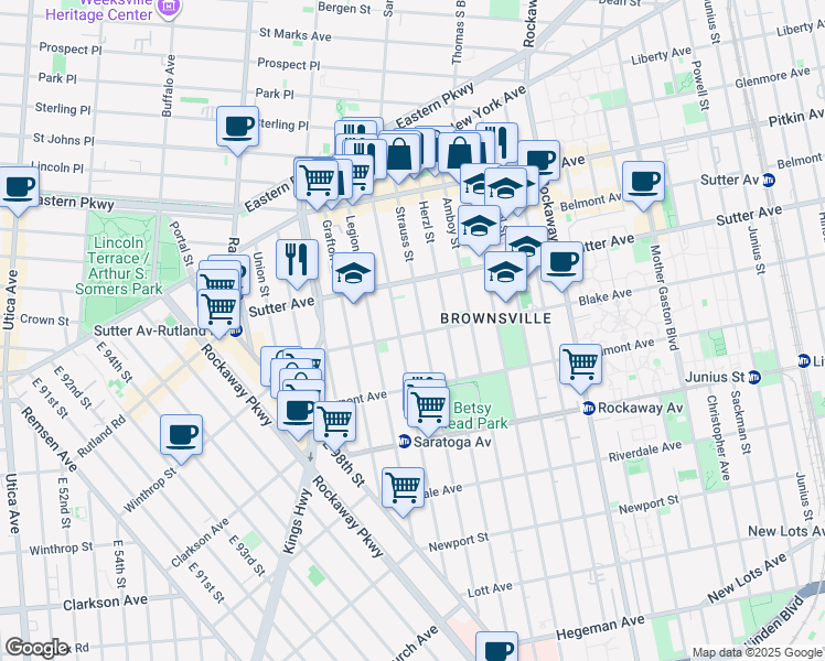 map of restaurants, bars, coffee shops, grocery stores, and more near 2010 Strauss Street in Brooklyn