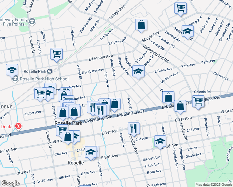 map of restaurants, bars, coffee shops, grocery stores, and more near 220 East Grant Avenue in Roselle Park