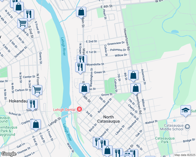 map of restaurants, bars, coffee shops, grocery stores, and more near 522 Hunter Street in Catasauqua