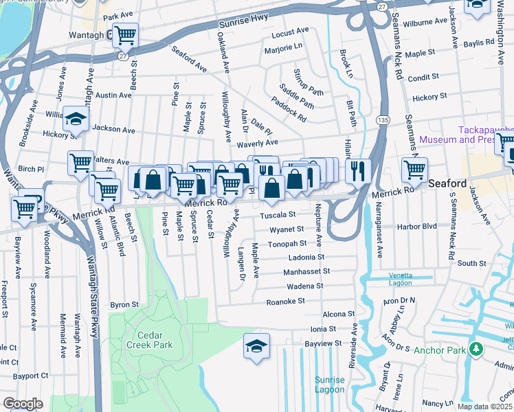 map of restaurants, bars, coffee shops, grocery stores, and more near 3530 Merrick Rd in Seaford