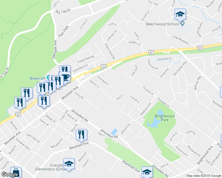 map of restaurants, bars, coffee shops, grocery stores, and more near 368 Fawnridge Drive in Scotch Plains