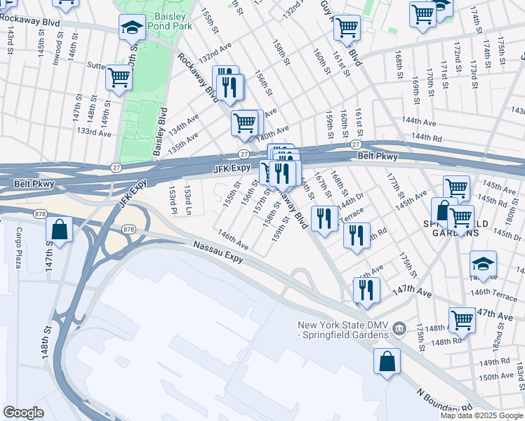 map of restaurants, bars, coffee shops, grocery stores, and more near 144-51 157th Street in Queens