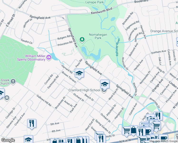 map of restaurants, bars, coffee shops, grocery stores, and more near 738 Willow Street in Cranford