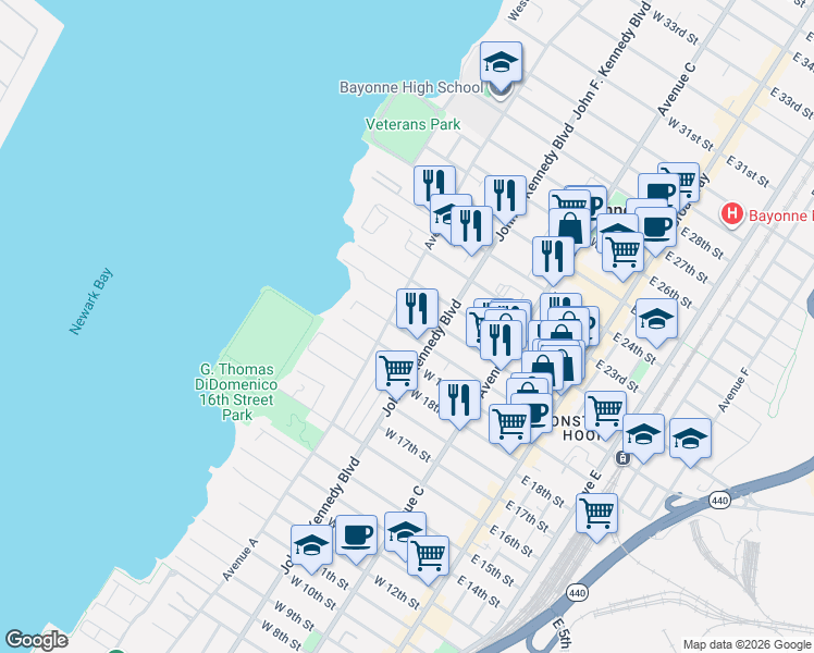 map of restaurants, bars, coffee shops, grocery stores, and more near 129 West 20th Street in Bayonne
